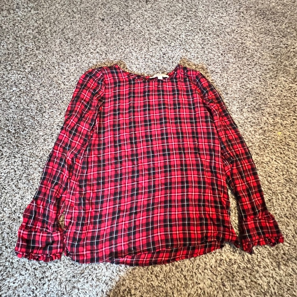 Loft Womens Red Black Plaid Ruffle Cuff Long Sleeve Blouse Small Keyhole‎ Back